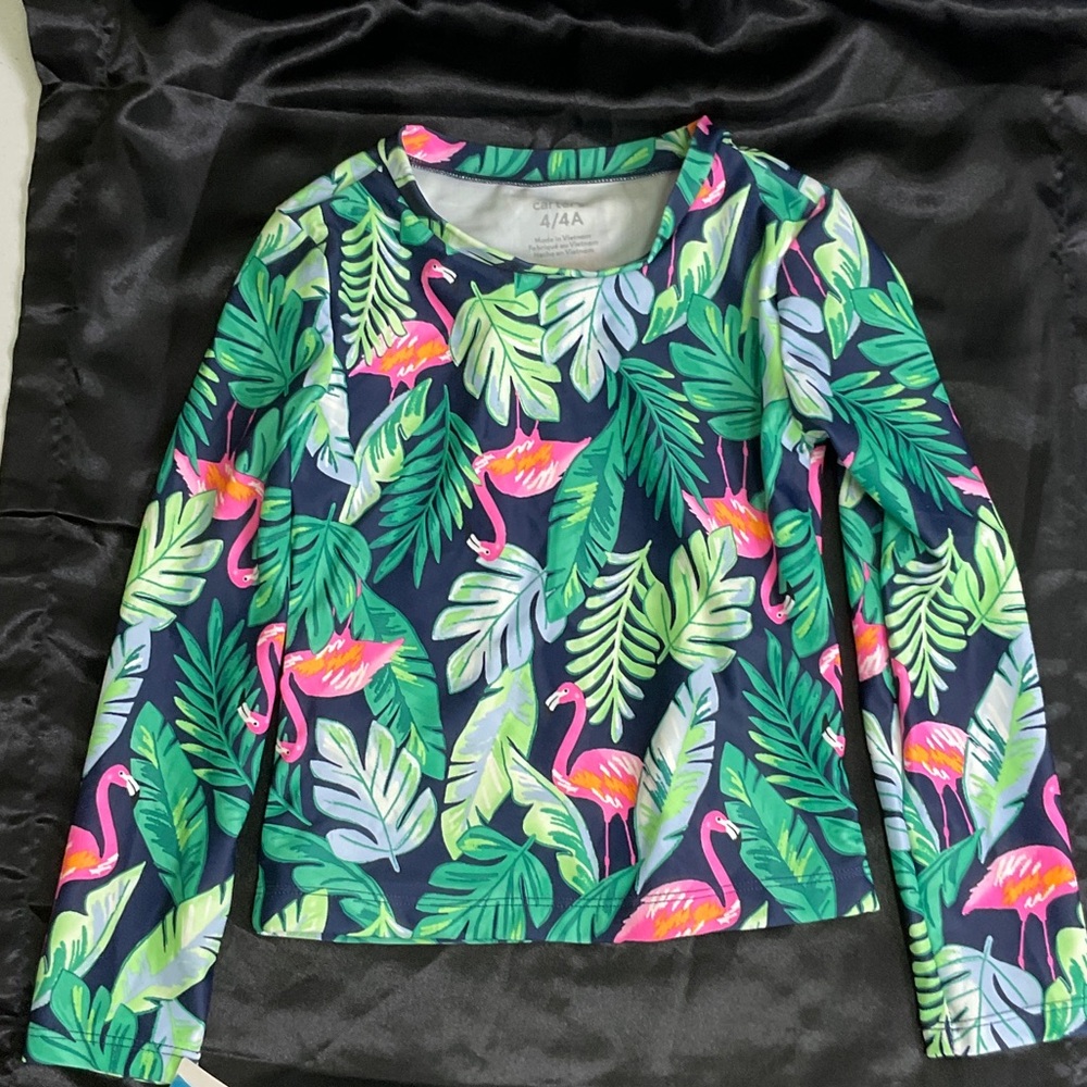 Carter's Kids Swim Shirt - Green and Pink Flamingo Print